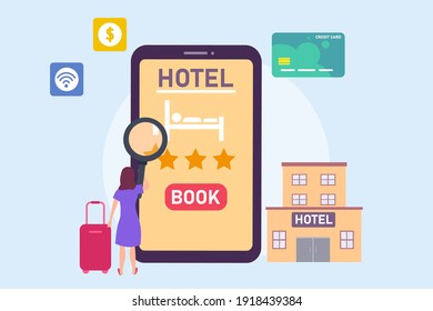 Application vector concept: Young woman booking hotel on application while using her mobile phone