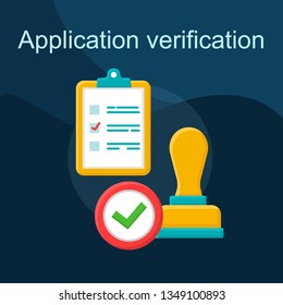 Application verification flat concept vector icon. Get approval idea cartoon color illustrations set. Successful job apply. Resume check. Verified, approved stamp. Isolated graphic design element