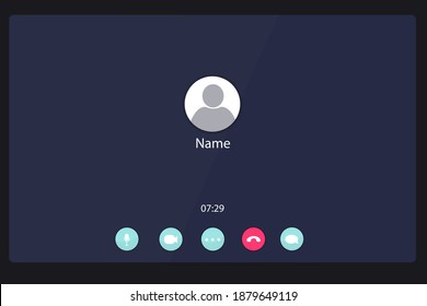 Application for video communication. Web interface with buttons for chat and video calls and video conferencing. Contact image on the screen of a computer, phone. Call window layout during quarantine.