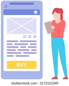 Application for virtual communication via Internet. Lady sends email, message online. Smartphone with mail or shopping app vector illustration. Woman buying goods using virtual shopping program