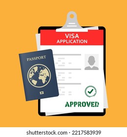 Solicitar el visado de viaje. Pasaporte con entradas, solicitud de visa de dinero. Aprobación de viaje. visa de inmigración