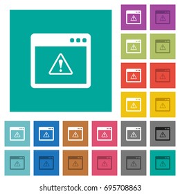 Application warning multi colored flat icons on plain square backgrounds. Included white and darker icon variations for hover or active effects.