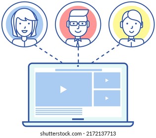 Application for watching video via Internet. Website for blogging, streaming online. Video recording live broadcast, stream, vlog for gadgets. Remote broadcast program for electronic devices