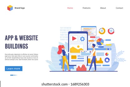 Application and website buildings landing page template flat vector illustration concept. Software development, responsive website interface, app marketing plan and graphic design, web engine core