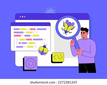 Application or website code testing. Software development and debugging. Bug finding, problem identification, framework. Hand drawn vector illustration isolated on blue background, flat cartoon style.