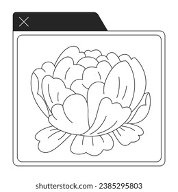 Application window blooming peony black and white 2D line cartoon object. Blossoming flower image preview computer isolated vector outline item. Nostalgic peony monochromatic flat spot illustration