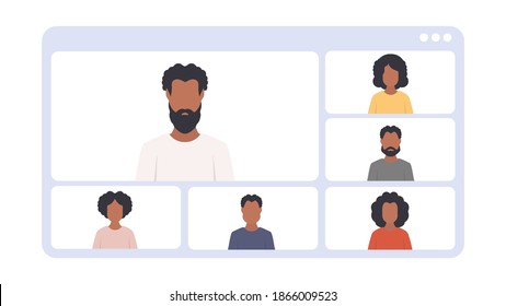 Application window with conference. African American people at an online conference. Vector illustration.