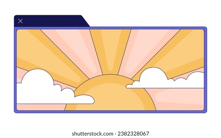 Application Window Sunrise Morgen 2D lineares Cartoon Objekt. Sonnenschirme Wolken-Player Video einzeln Vektorelement weißen Hintergrund. Goldene Stunden-Himmelsmedien streamen Farbe flache Darstellung