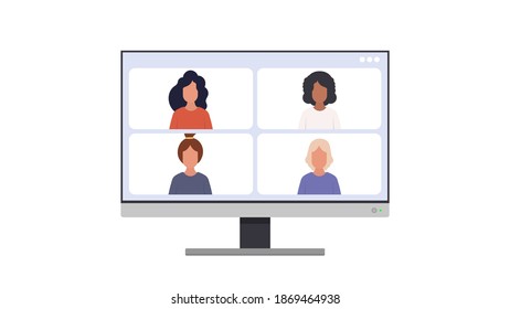Application window for video communication. Modern glossy white screen monitor. For advertising design. Isolated over white background. Vector