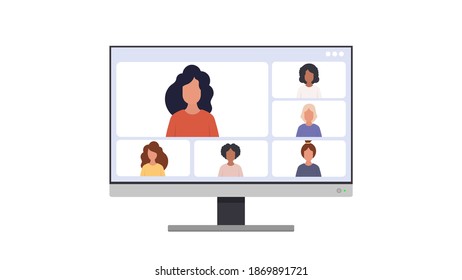 Application window for video communication. Modern glossy white screen monitor. For advertising design. Isolated over white background. Vector