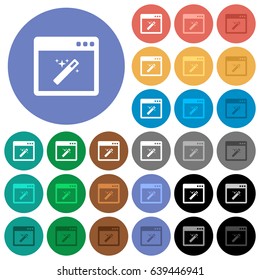 Application wizard multi colored flat icons on round backgrounds. Included white, light and dark icon variations for hover and active status effects, and bonus shades on black backgounds.