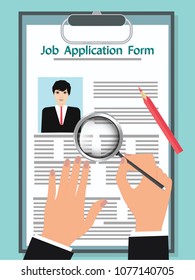 Application for work - form with photo, female hands, magnifying glass - art abstraction vector illustration Concept of human resources management