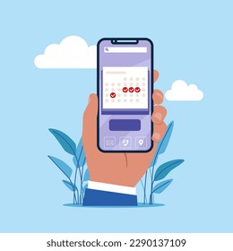 Application working with calendar, schedule with check marks in phone, time management and planning. Modern vector illustration in flat style