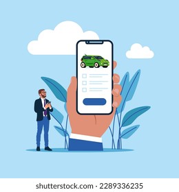 Application working with digital online with a phone in hand. Digital strategy, online marketing. Flat vector illustration.