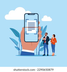 Aplicación que trabaja con el escaneo de documentos con un teléfono en la mano. Ilustración vectorial moderna en estilo plano