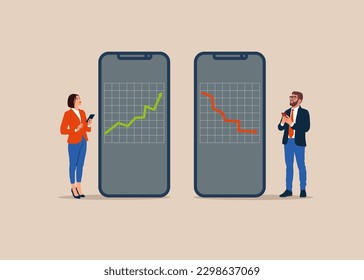 Aplicación que trabaja con datos de inversión. Análisis de datos contradictorios. Ilustración vectorial plana