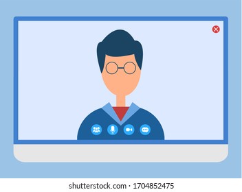 Applications allowing to communicate with people vector, isolated male wearing glasses on video conference, brainstorming and thinking, mike and chatting