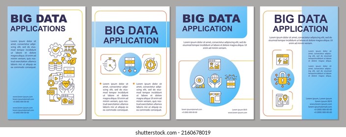 Applications of big data blue brochure template. User digital service. Leaflet design with linear icons. 4 vector layouts for presentation, annual reports. Arial, Myriad Pro-Regular fonts used