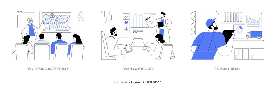 Aplicaciones del conjunto de Ilustraciones vectoriales de dibujos animados aislados de Big Data. Análisis del cambio climático, visualización de big data, uso en atención médica, gestión de la cadena de suministro, innovación en dibujos animados de Vectores minoristas.