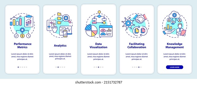 Applications of business intelligence onboarding mobile app screen. Walkthrough 5 steps graphic instructions pages with linear concepts. UI, UX, GUI template. Myriad Pro-Bold, Regular fonts used