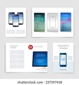 Applications and Infographic Concept. Flyer, Brochure Design Modern user interface (ux, ui) screen template for mobile smart phone or web site. Transparent blurred material design ui with icons. 