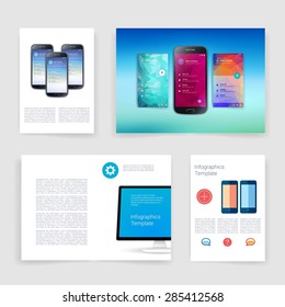 Applications and Infographic Concept. Flyer, Brochure Design Modern user interface (ux, ui) screen template for mobile smart phone or web site. Transparent blurred material design ui with icons.