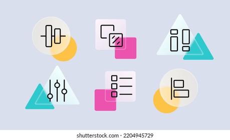 Applications menu set icon. Squares, circles, tiles, sliders, pictograms, control panel, fullscreen, settings, context, dropdown. Glassmorphism style. Vector line icon for Business