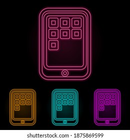applications on the tablet color neon set. Simple thin line, outline vector of web icons for ui and ux, website or mobile application