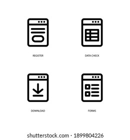 Anwendungen, Registrierung, Datenüberprüfung, Download und Formulare Symbole gesetzt. Einfaches Design. Zeilenvektor. Einzeln auf weißem Hintergrund.