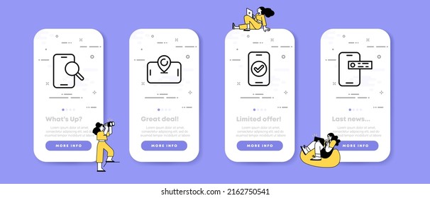 Applications Set Icon. Search, Geolocation, Approved, Tick, Phone, Gadget, Device. Technology Concept. UI Phone App Screens With People. Vector Line Icon For Business And Advertising.