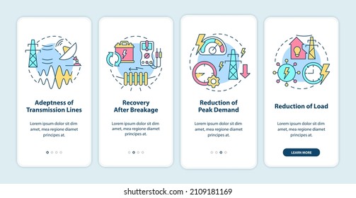 Applications of smart grid onboarding mobile app screen. Electric power walkthrough 4 steps graphic instructions pages with linear concepts. UI, UX, GUI template. Myriad Pro-Bold, Regular fonts used