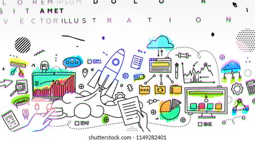 Applications and software development cartoon style illustration. Teamwork business process infographic concept. Eps10 vector
