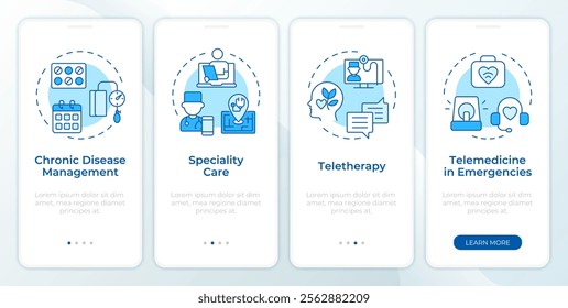 Applications of telehealth blue onboarding mobile app screen. Walkthrough 4 steps editable graphic instructions with linear concepts. UI, UX, GUI template