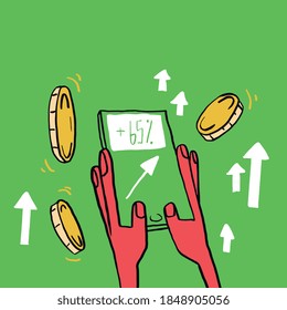 Applicaton Increase Money. Vector Concept with Digital Investment white white Arrow and Big Coin. Illustration Hand Drawn with Bold Line