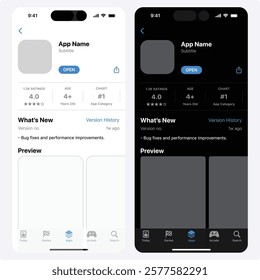 Applictiona Store listing template. Store for mobile apps mock-up. App page profile with rating screen. Vector illustration.