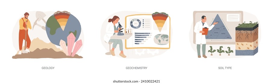 Applied earth science isolated concept vector illustration set. Geology and geochemistry, soil type, physical rocks study, petroleum research and mineralogy, agricultural practice vector concept.