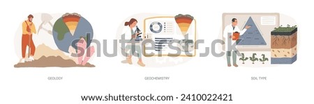 Applied earth science isolated concept vector illustration set. Geology and geochemistry, soil type, physical rocks study, petroleum research and mineralogy, agricultural practice vector concept. [[stock_photo]] © 