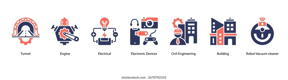 Ilustração do vetor do ícone da bandeira da Web da Tecnologia da Engenharia Aplicada com Túnel, Motor, Elétrico, Dispositivos Eletrônicos, Engenharia Civil, Construção e Limpador de Vácuo de Robôs.