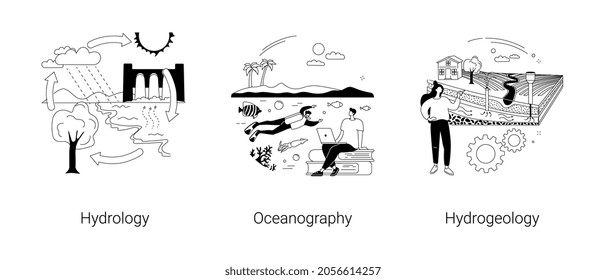 Applied geoscience abstract concept vector illustration set. Hydrology and oceanography, hydrogeological engineering, water cycle, marine life and ecosystem, groundwater movement abstract metaphor.