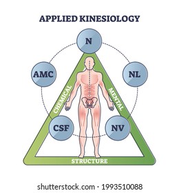 Applied Kinesiology As Technique For Diagnose And Treatment Outline Diagram. Illness Rehabilitation Explanation With Chemical, Mental And Structure Scheme. Patient Muscle Strength And Weakness Testing