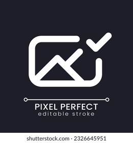 Applied photo file pixel perfect white linear ui icon for dark theme. Editing application. Approved image. Vector line pictogram. Isolated user interface symbol for night mode. Editable stroke