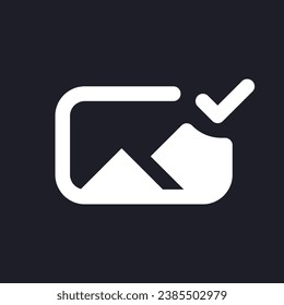 Applied photo file white pixel perfect solid ui icon. Editing application. Approved image. Silhouette symbol for dark mode. Glyph pictogram on black space for web, mobile. Vector isolated image