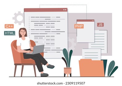 Concepto de programación aplicado. Mujer con laptop escribe código, desarrolla programas y aplicaciones. Especialista en informática y programador en el lugar de trabajo. Desarrollador front-end y back-end. Dibujo vectorial plano de dibujos animados