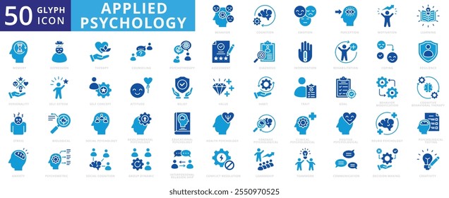 Applied psychology icon set forensic, clinical, therapy, health, communication, teamwork, leadership, learning, stress, creativity, depression, diagnosis, motivation, anxiety, belief, rehabilitation