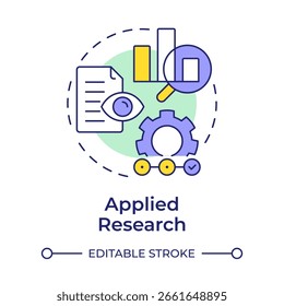 Ícone de conceito de várias cores de pesquisa aplicada. Resolver problemas práticos específicos. Tipo de estudo e desenvolvimento. Ilustração de linha de forma redonda. Ideia abstrata. Design gráfico. Fácil de usar no folheto