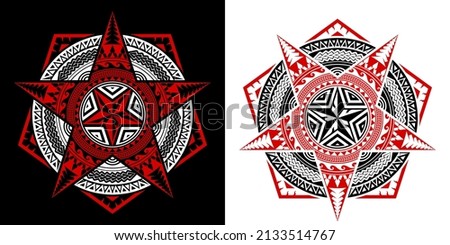 Applied thai art pattern mixed with polynesian art in mandala style. Geometric shapes, pentagon, pentagram and circle. Design texture elements for card, cover, poster, wall. Vector illustration.