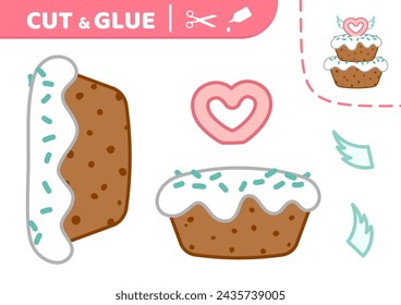 Applique. Big cake with heart. Cut and glue. Cake. Paper game. Cartoon. Isolated vector illustration eps 10