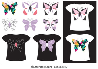 Applique butterfly from geometric figures on a black and white T-shirt