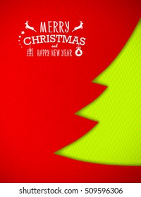 Applique Christmas green tree on red background. Greeting card happy new year, winter holiday. Vector illustration for your design.