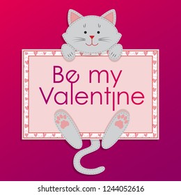 Applique cute cat with a board Be my Valentine. Vector illustration